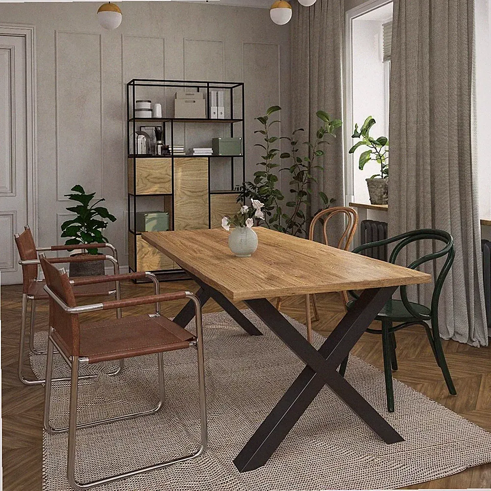 Esstisch im Loft Industriedesign aus Stahl und Wild Eiche hell 200cm x 90 cm NEU