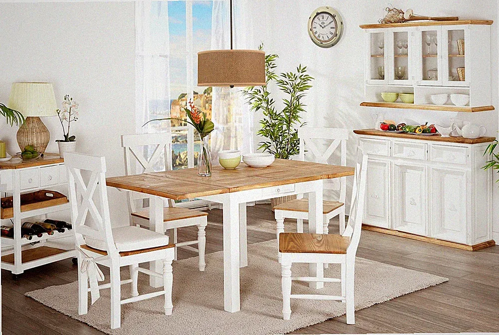 Esstisch Küchentisch Tisch inkl 2x Verlängerung, Pinie massiv weiß, Shabby Chic