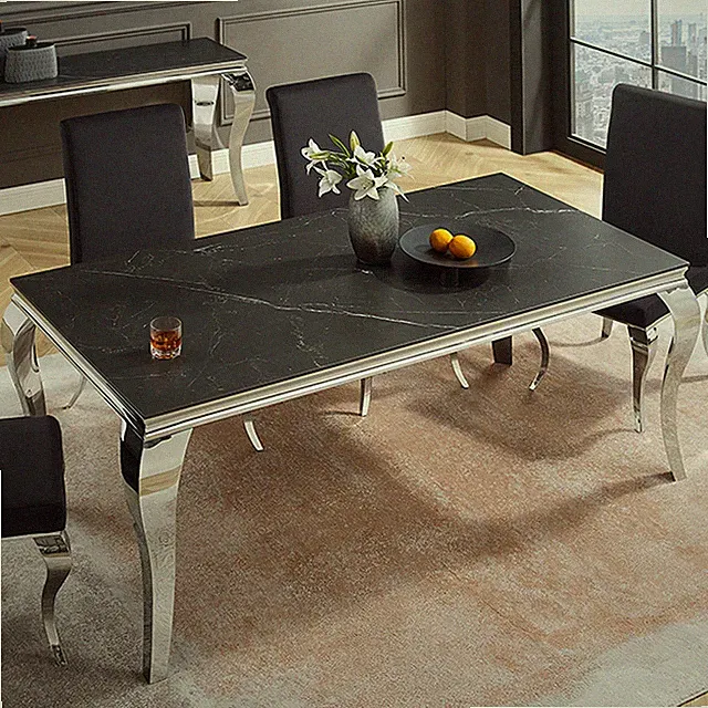Esstisch MODERN BAROCK - 180cm - schwarz - chrom - Marmor-Optik - Edelstahl