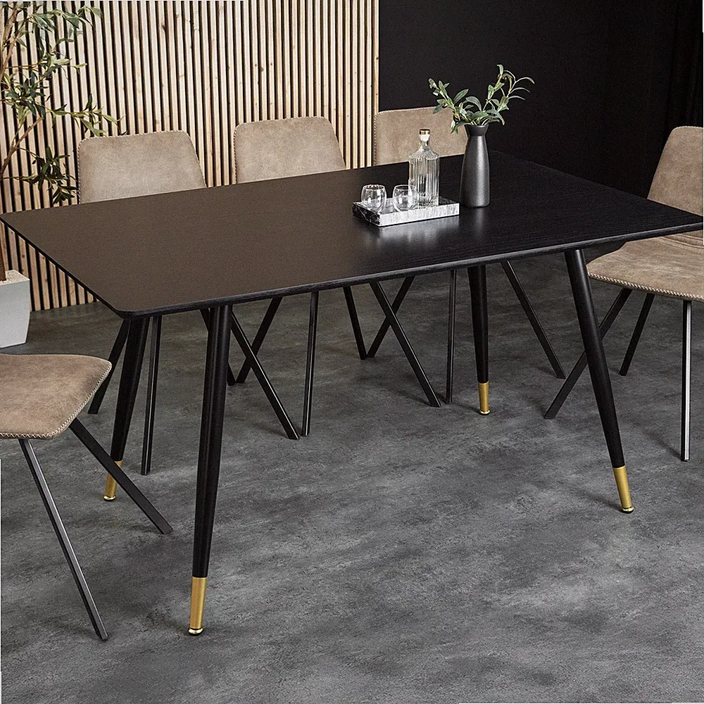 Esstisch PARIS - 120cm - schwarz gold - Eichenholz Metall - goldene Fußkappen