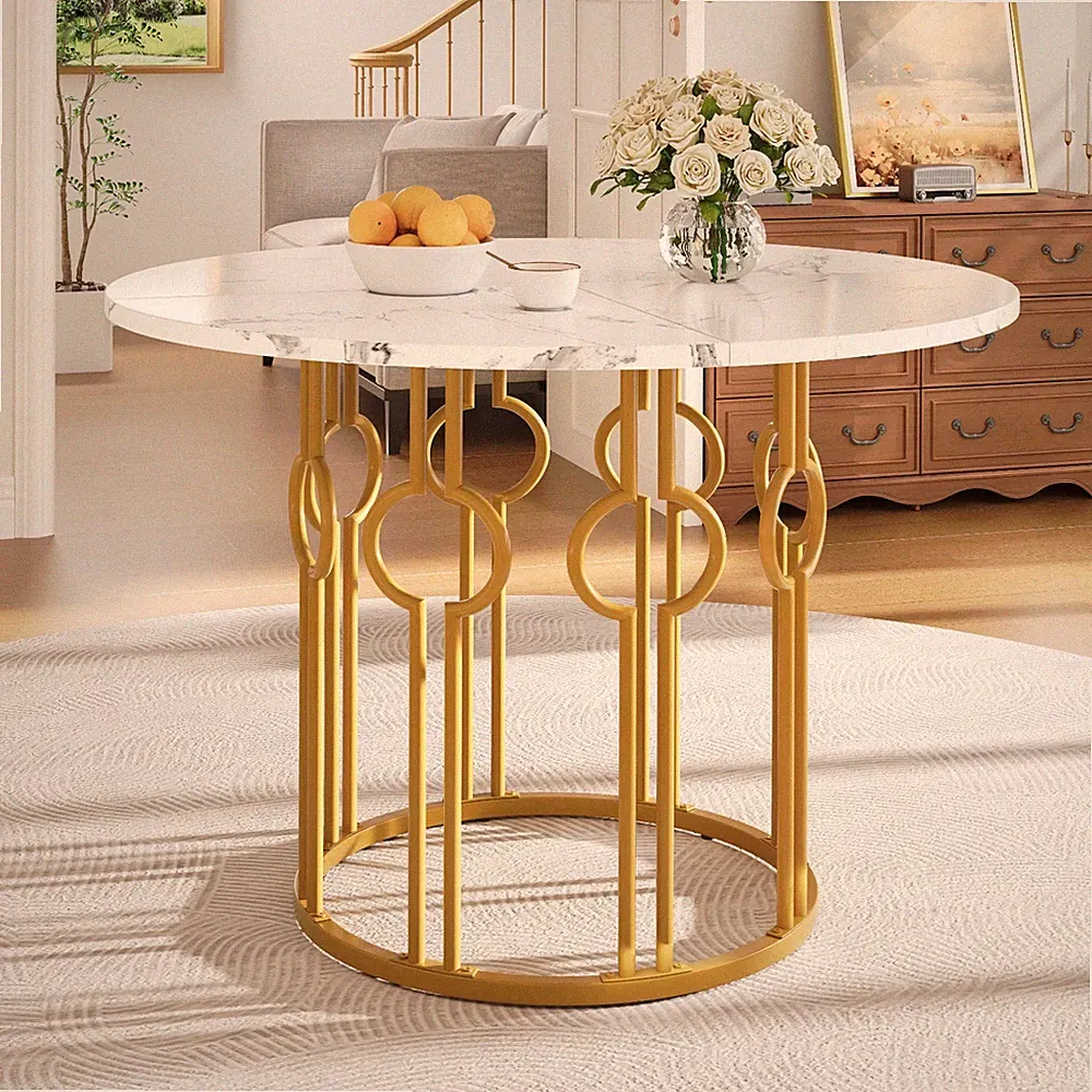 Esstisch Runder Marmor Optik Tisch Küchentisch Esszimmertisch 100cm Weiß + Gold
