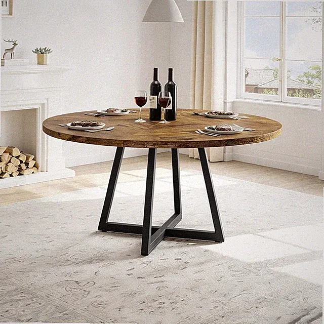 Esstisch Runder Metallsockel Holzplatte Platzsparender Tisch für 4-8 Personen