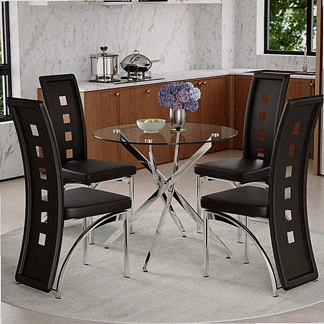 Esstisch-Set 88 cm Runder Glas-Tisch + 4 Schwarze Stühle PU-Leder