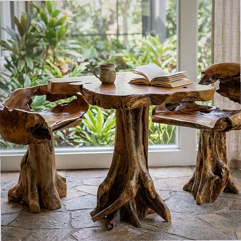 Esstisch Teak Wurzelholz Sitzgruppe Massivholz Stühle Natur Wintergarten Möbel