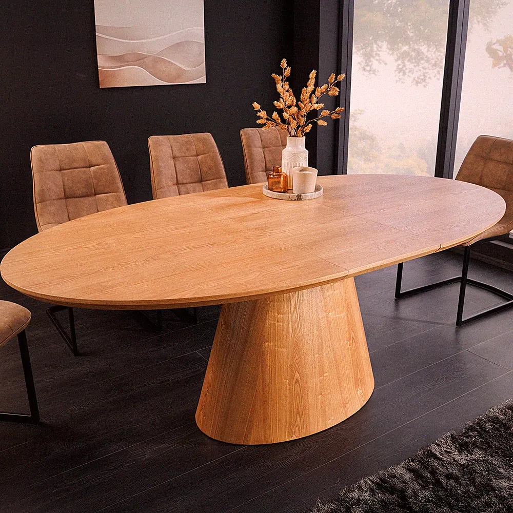 Esstisch UNIQUE - 160-200cm - natur - Eichenholz - mit Säulenfuß oval ausziehbar