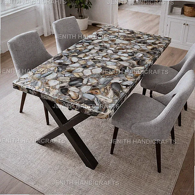 Esstischplatte aus grauem Achatstein - Luxus-Tisch mit natürlicher Edelsteinp...