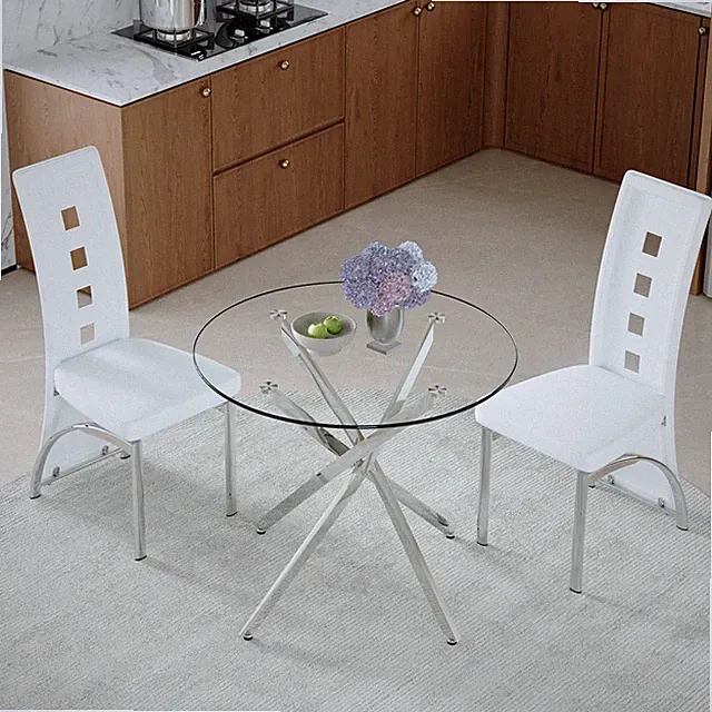 Esstischset 88 cm Runder Glas Tisch + 2 Weiße Stühle