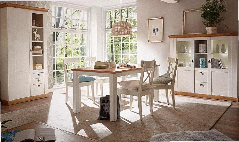Esszimmer Möbel komplett Set 3-tlg. Vitrine Buffet Tisch Eiche weiß Pinie Hemsby