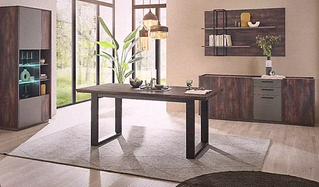Esszimmer Möbel komplett Set 4-tlg. Eiche grau Vitrine Kommode Esstisch Piano