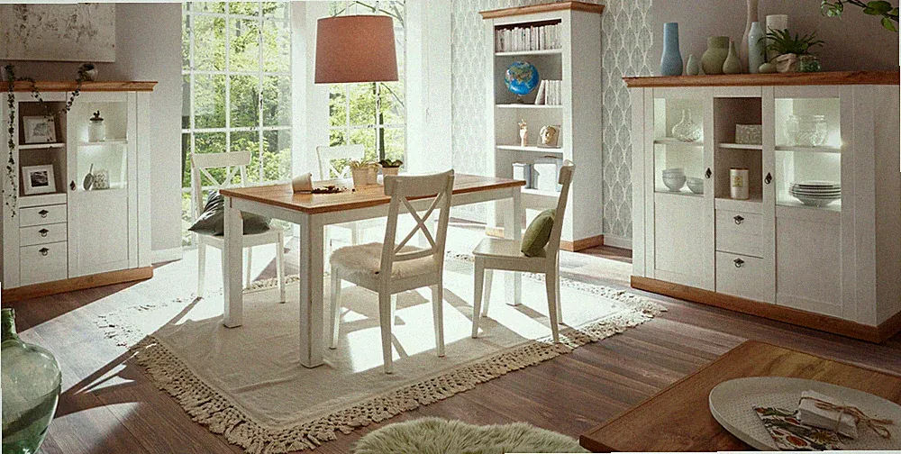 Esszimmer Möbel komplett Set 4-tlg. Highboard Esstisch Buffet Eiche weiß Hemsby