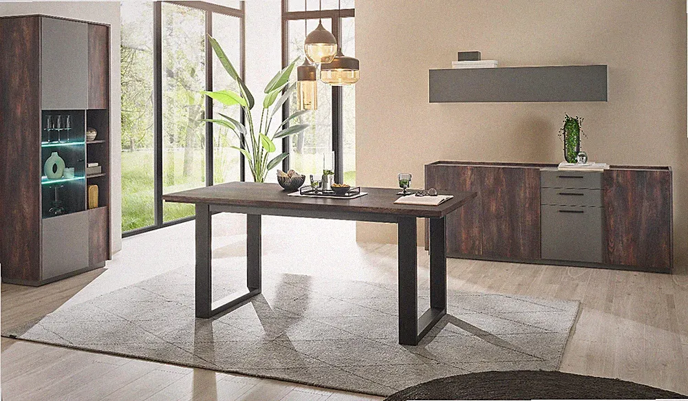 Esszimmer Möbel komplett Set 4-tlg. Vitrine Kommode Esstisch Eiche grau Piano
