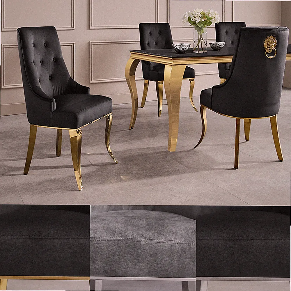 Esszimmerstuhl MODERN BAROCK DELUXE - FARBWAHL - Samt Edelstahl - mit Löwenkopf