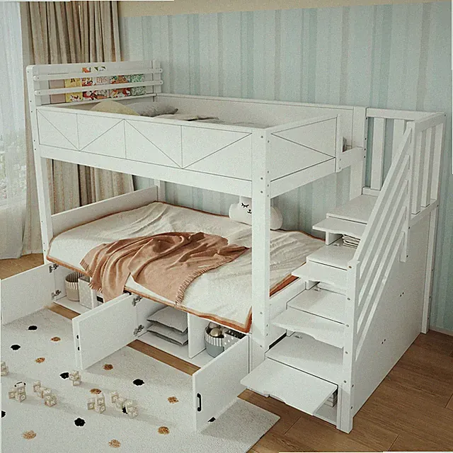 Etagenbett 90x200cm Weiß mit Stauraumtreppe Schrankfächern AbsturzsicherungRegal
