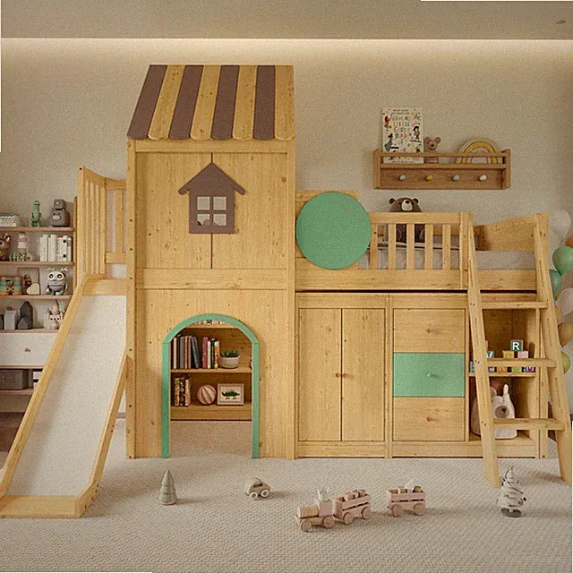 Etagenbett Hochbett Kinderbett Hausdesign mit Rutsche Kleiderschrank Schubladen