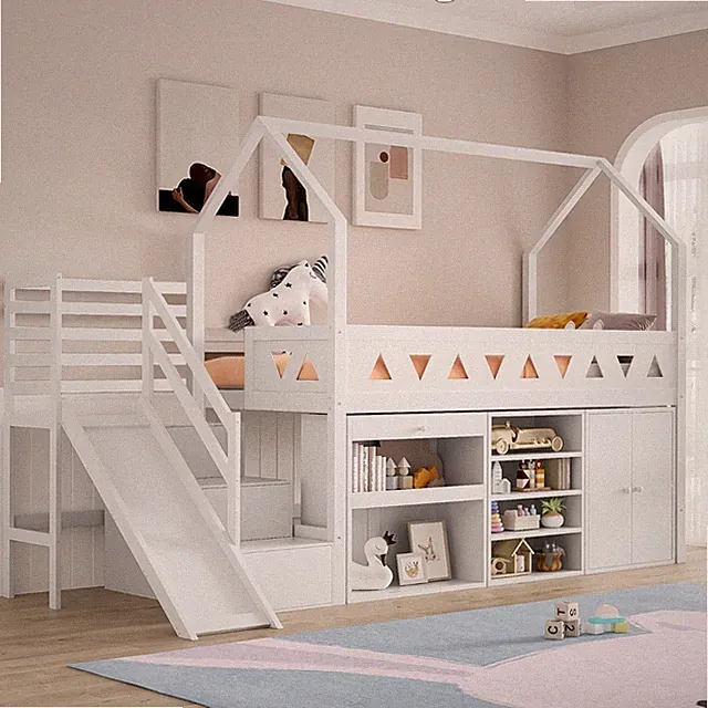Etagenbett Hochbett Kinderbett mit Rutsche Schließfach Schubladen Dach Treppen