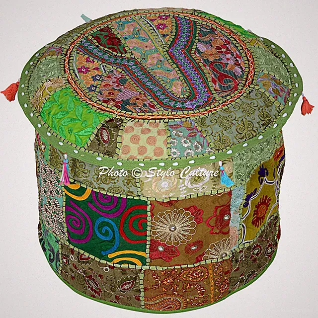Ethno runder Hocker Bezug Patchwork bestickt osmanischer Stuhl Bohemian 18 Zo...