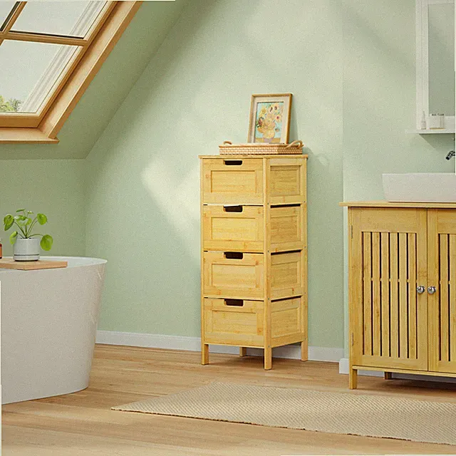 EUGAD Badezimmerschrank Badschrank aus Bambus Badregal 4 Schubladen 30x80x30 cm