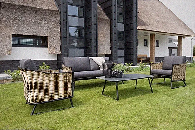 Exclusive Lounge Sitzgruppe Gartenlounge Alu-Schwarz, 8mm Rundrattan natur