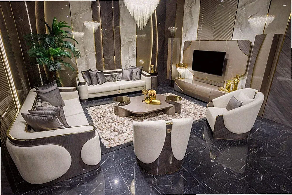 Exklusives Wohnzimmer-Set mit Sofas Sesseln Couchtisch und TV-Schrank
