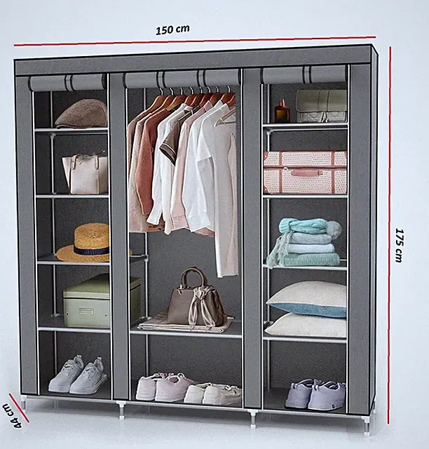 Faltbarer Stoffkleiderschrank 150x175x45cm mit Reißverschluss-Kleiderstange Grau