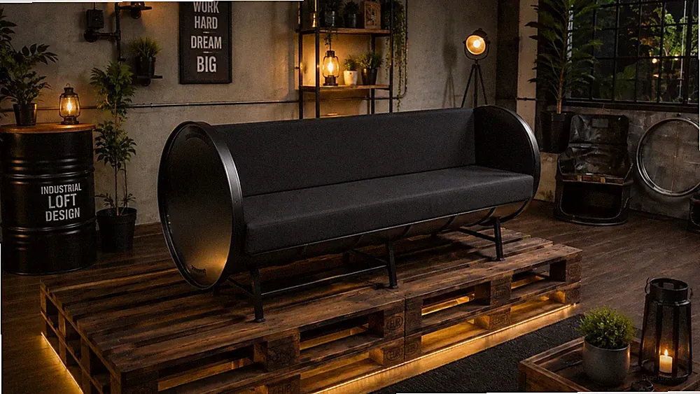 Fass Sofa 3-Sitzer Industrial Design – Sitzbank aus 200L Fass – Schwarz