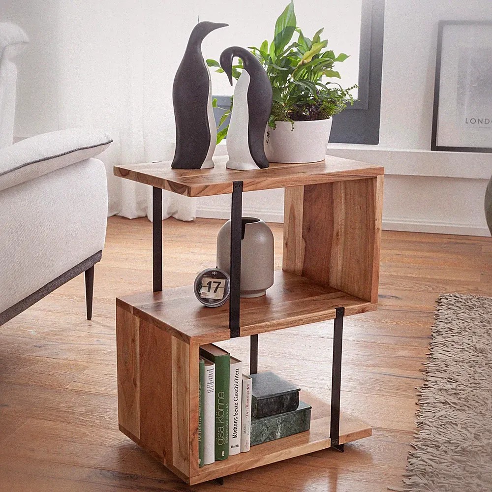 FineBuy Beistelltisch S-From 45x60x30 cm Akazie Dekotisch Sofatisch Holz Metall