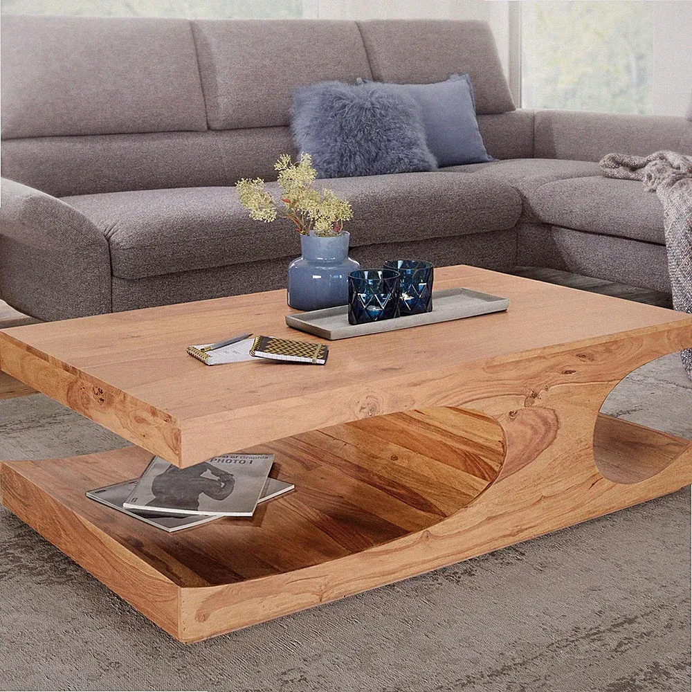 FineBuy Couchtisch Akazie Massivholz 120 cm Ablage · Rechteckig Wohnzimmertisch