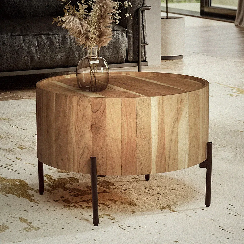 FineBuy Couchtisch Akazie Massivholz rund 60 cm · Wohnzimmertisch in Trommelform