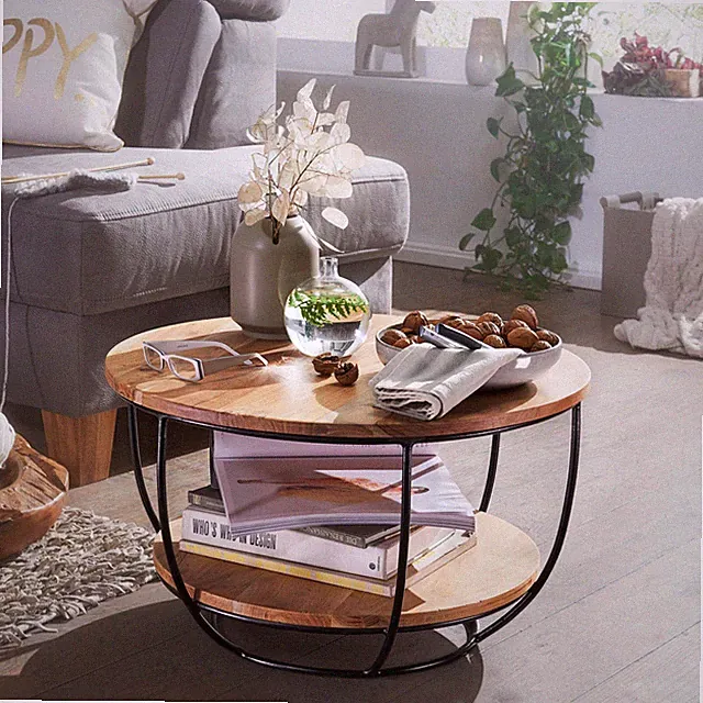 FineBuy Couchtisch Akazie Massivholz rund 60cm Wohnzimmertisch Ablage Industrial