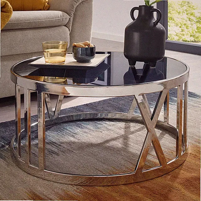 FineBuy Couchtisch Glas Metall Sofatisch Ø60cm Tisch Wohnzimmertisch Rund Silber