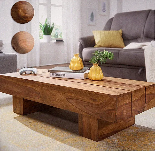 FineBuy Couchtisch Massivholz 120 cm Block Design Wohnzimmertisch handgefertigt