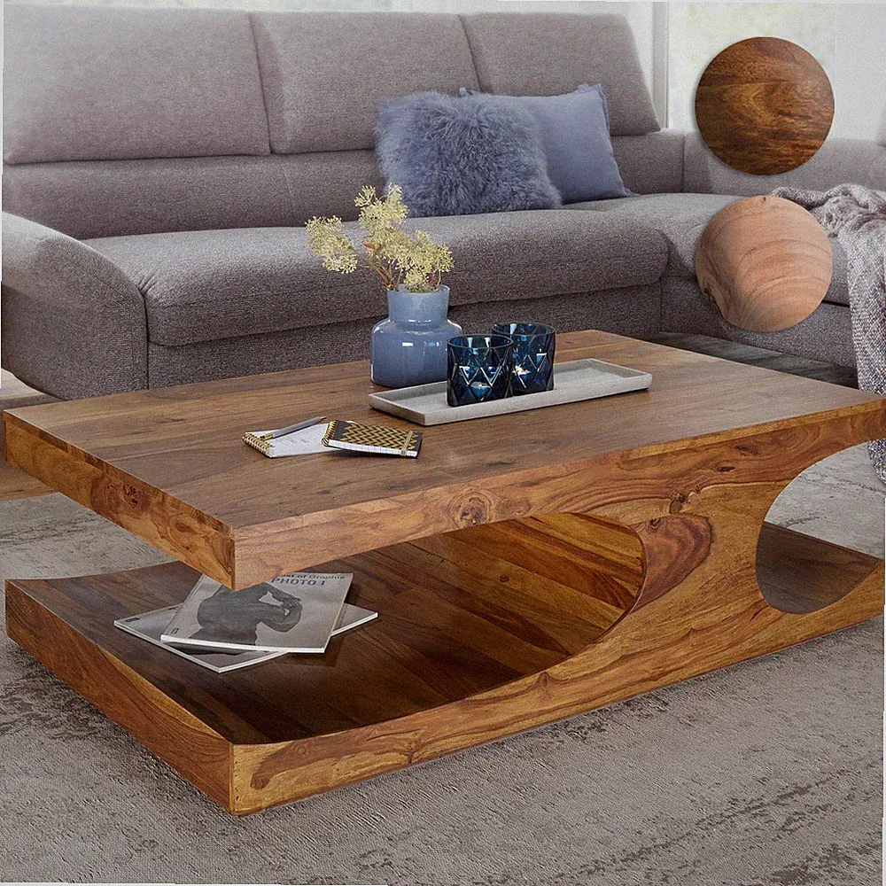 FineBuy Couchtisch Massivholz 120 cm mit Ablage · Rechteckig Wohnzimmertisch