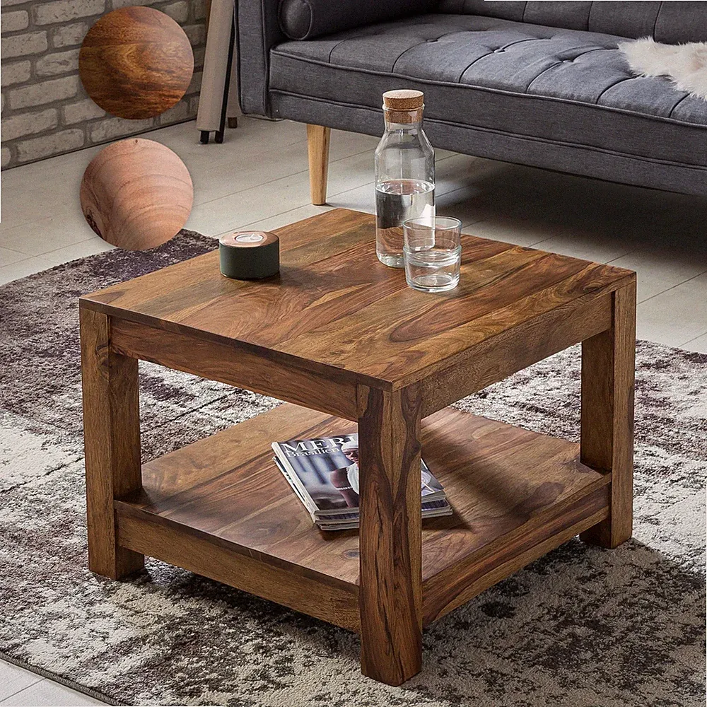 FineBuy Couchtisch Massivholz 60x60 cm mit Ablage Quadratischer Wohnzimmertisch