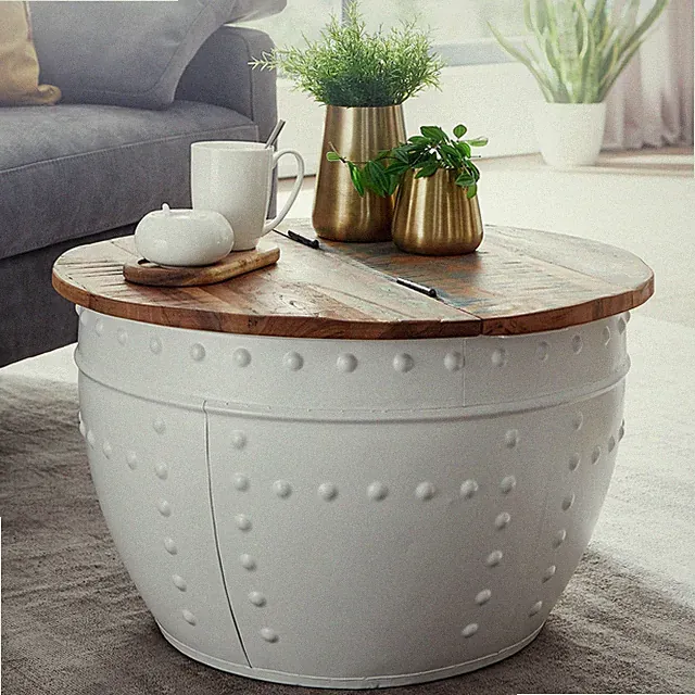FineBuy Couchtisch Massivholz Ø60cm Wohnzimmertisch Rund Sofatisch Stauraum Weiß