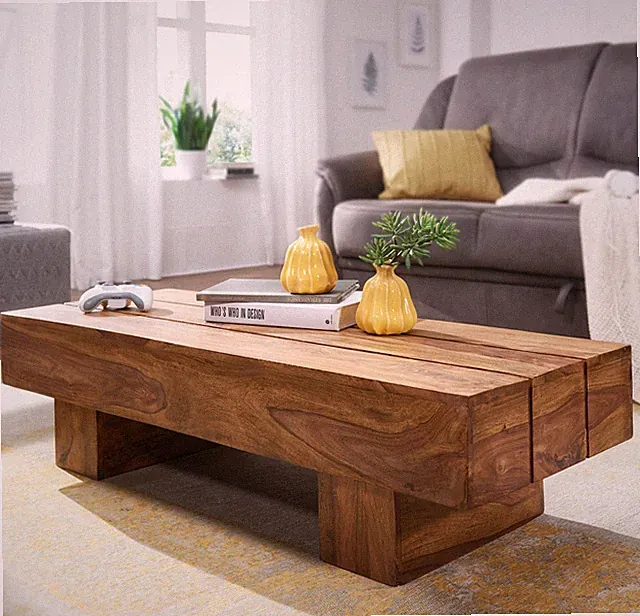 FineBuy Couchtisch Massivholz Sheesham 120 cm Block Design Wohnzimmertisch