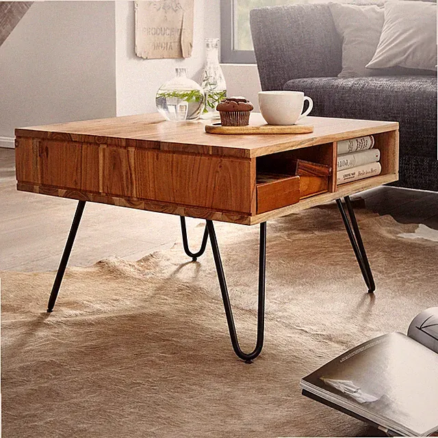 FineBuy Couchtisch quadratisch 60cm Akazie Massivholz Wohnzimmertisch mit Ablage