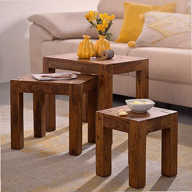 FineBuy Couchtisch Set Massiv Satztisch 3tlg Holz Wohnzimmer Tisch Beistelltisch