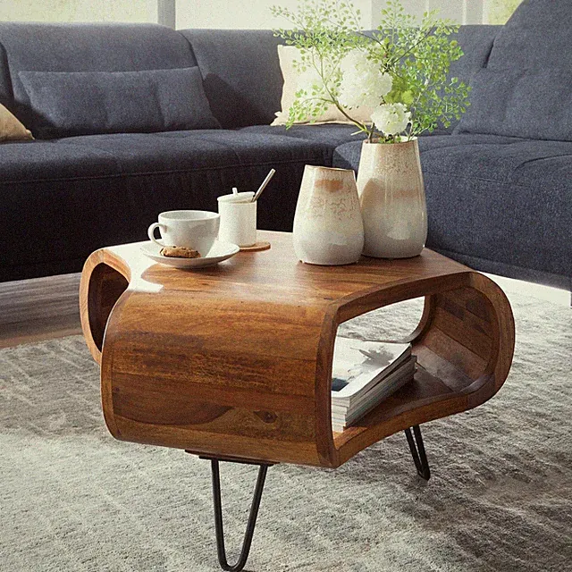 FineBuy Couchtisch Sheesham 55cm Massivholz Wohnzimmertisch Retro Metallbeine