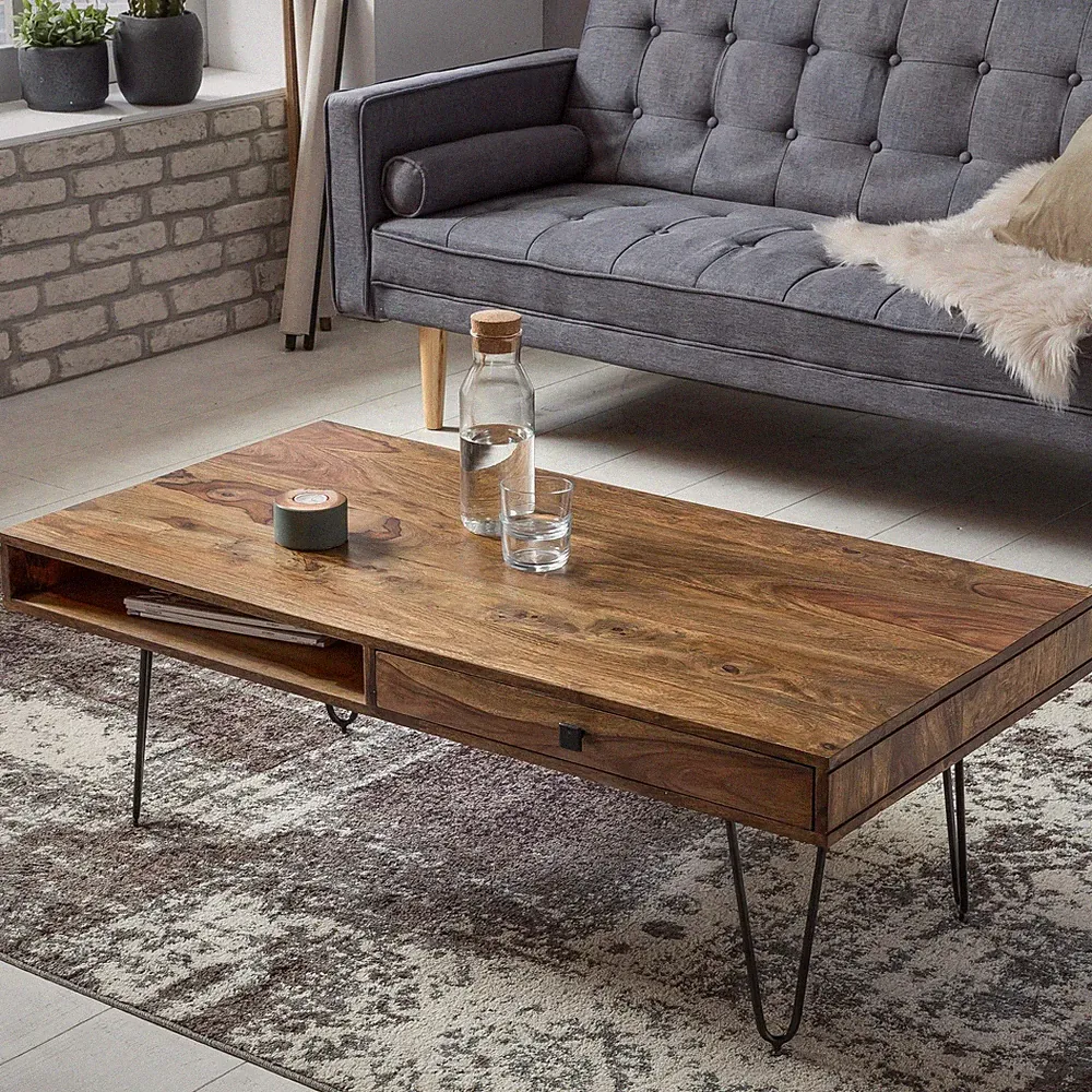 FineBuy Couchtisch Sheesham Massiv 110cm Wohnzimmertisch rechteckig Schublade