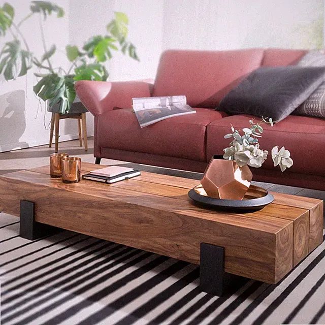 FineBuy Couchtisch Sheesham Massivholz rechteckig 115cm Block Wohnzimmertisch