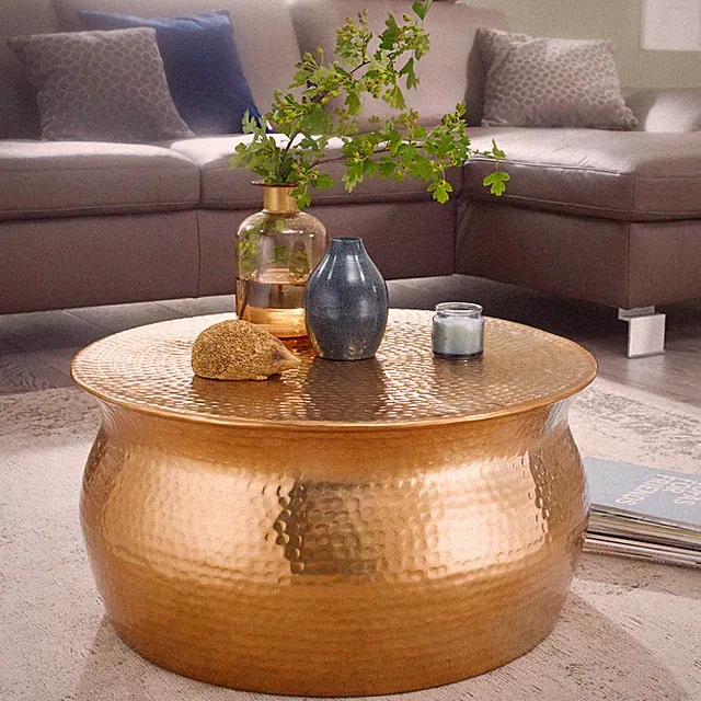 FineBuy Couchtisch Wohnzimmertisch Rund Sofatisch Hammerschlag Gold Modern