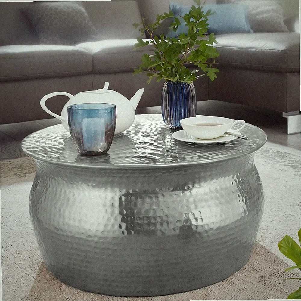 FineBuy Couchtisch Wohnzimmertisch Rund Sofatisch Hammerschlag Silber Modern