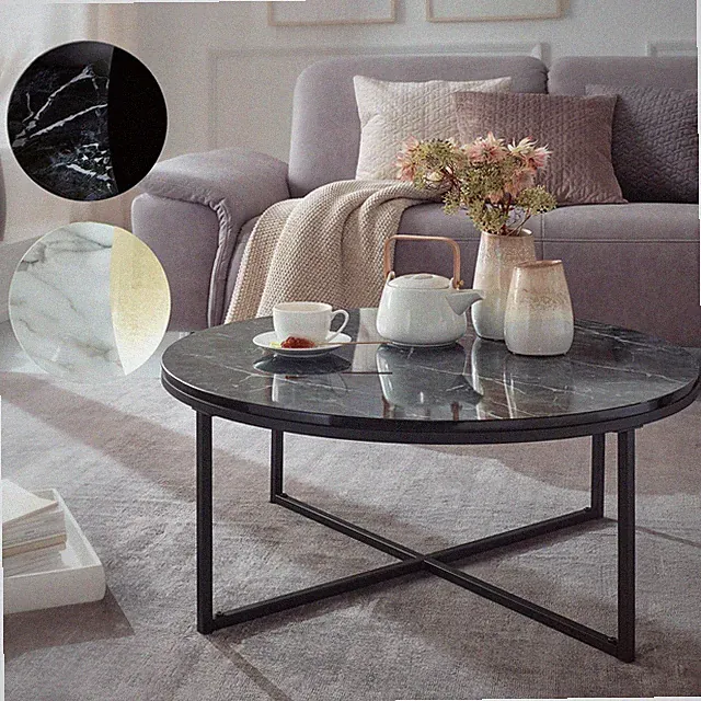 FineBuy Design Couchtisch Marmor Optik Wohnzimmertisch Ø 80 cm Tisch Rund Metall