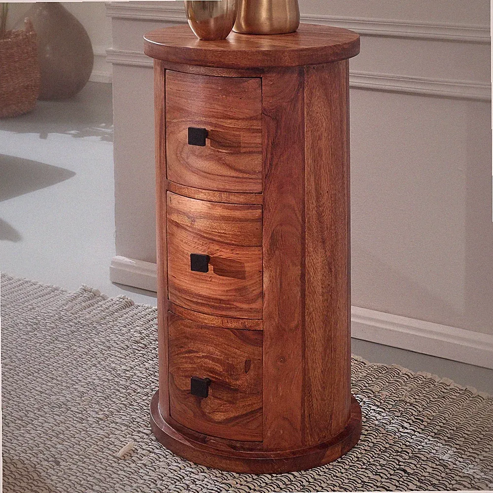 FineBuy Kommode mit Schubladen Sideboard 65 cm Holz Massiv Beistellschrank Rund