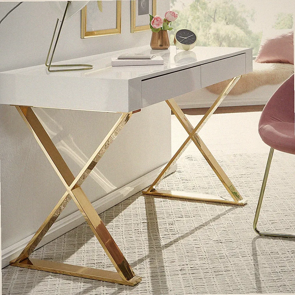 FineBuy Schreibtisch Hochglanz Weiß Gold 118 cm Holz Computertisch Tisch Büro