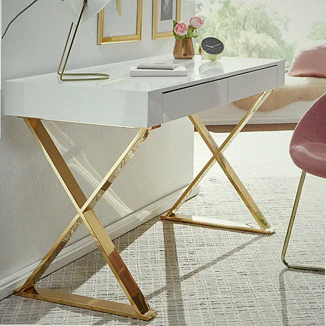 FineBuy Schreibtisch Hochglanz Weiß Gold 118 cm Holz Computertisch Tisch Büro