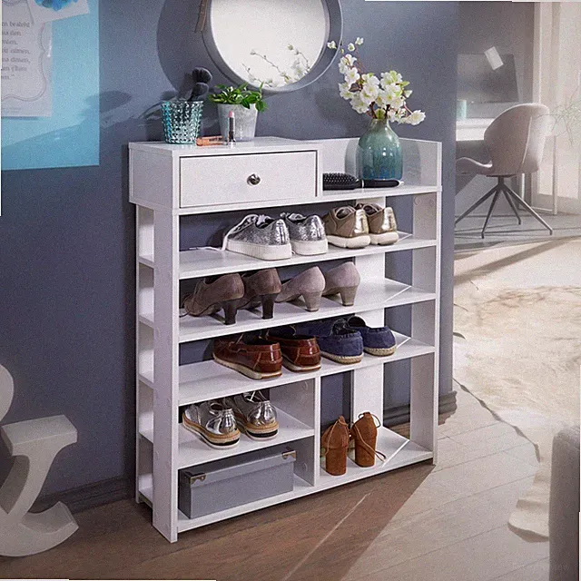 FineBuy Schuhregal Weiß 75x92,5 cm Flurregal Hoch Regal 7 Fächer mit Schublade