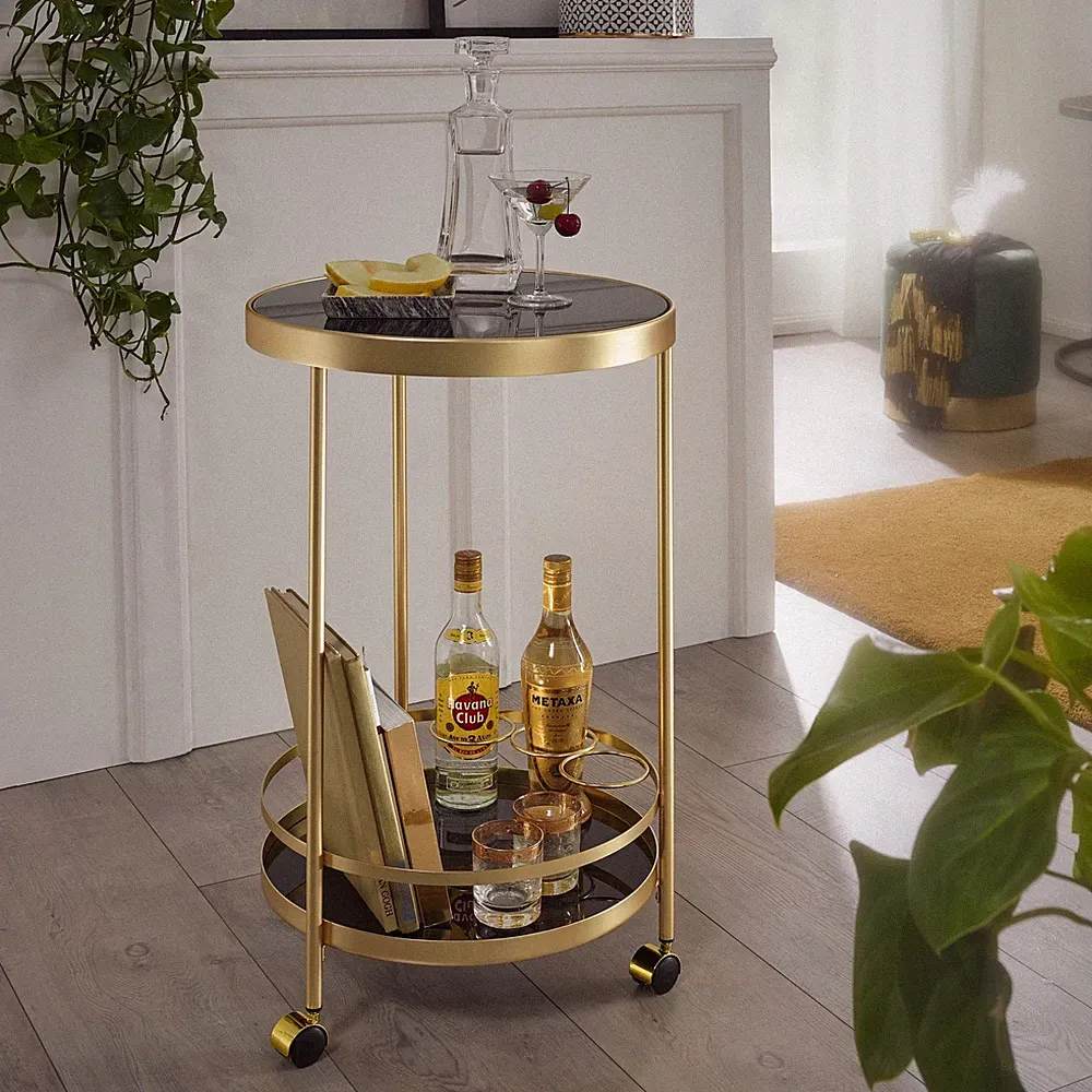 FineBuy Servierwagen Gold Beistelltisch auf Rollen Glas Speisewagen Rund Ø 45 cm