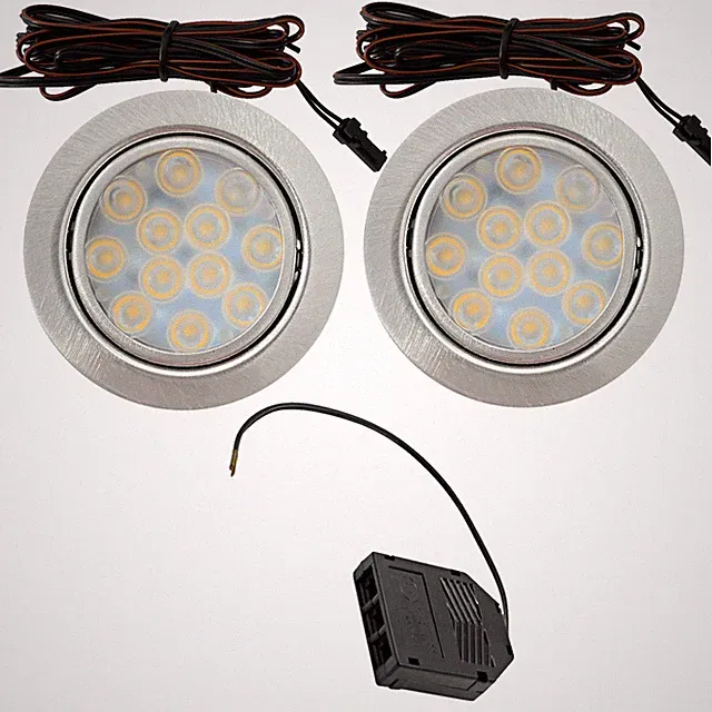 Flache LED Möbelleuchten 12V - 3W - Zuleitung und Mini Verteiler - Loch 55-60mm