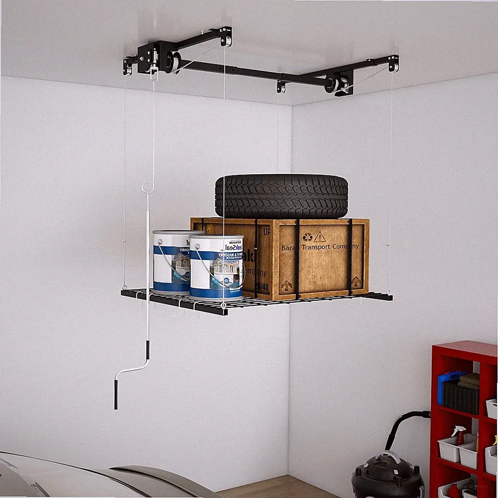 Flaschenzug Hängeregal Garage Kurbelsystem 120x120cm Stahl 113kg schwarz 3-3,6m